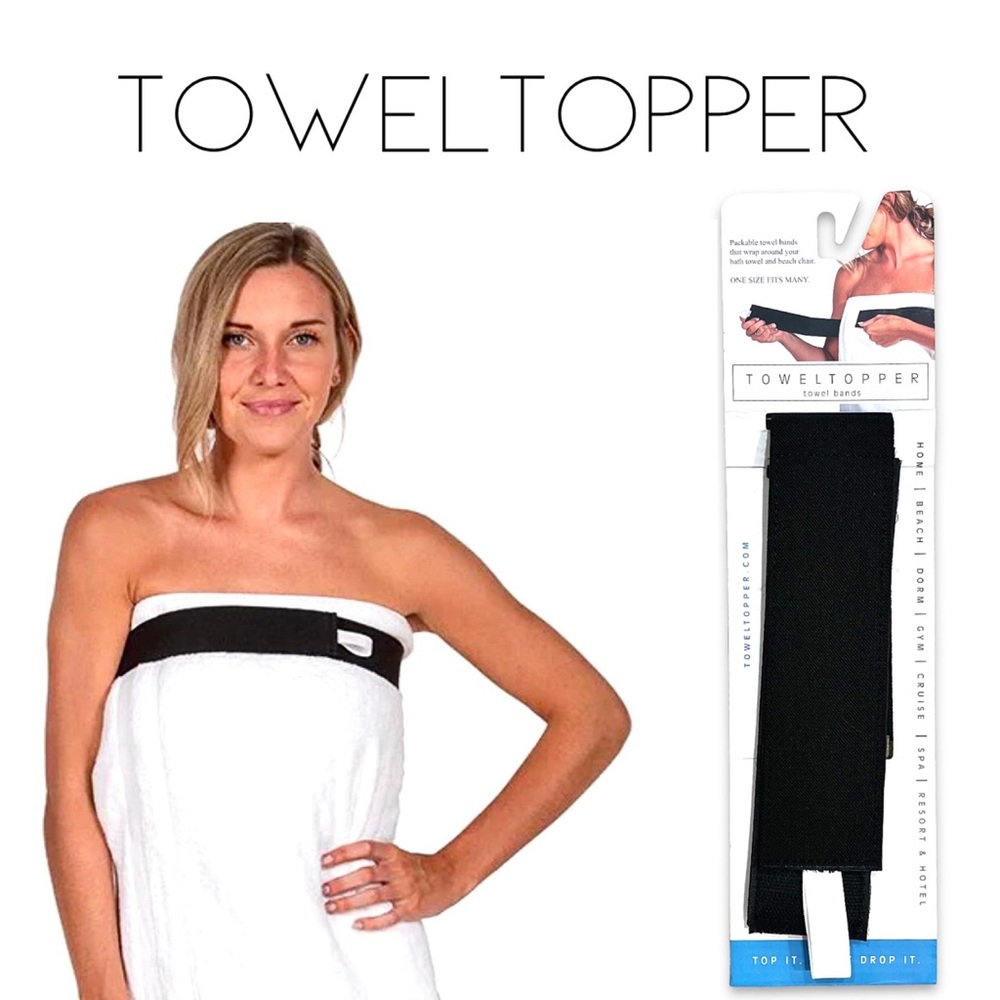 NWT TOWELTOPPER HAND CRAFTED BAND HOLDS TOWEL UP W/ ADJUSTABLE VELCRO UPPER BAND